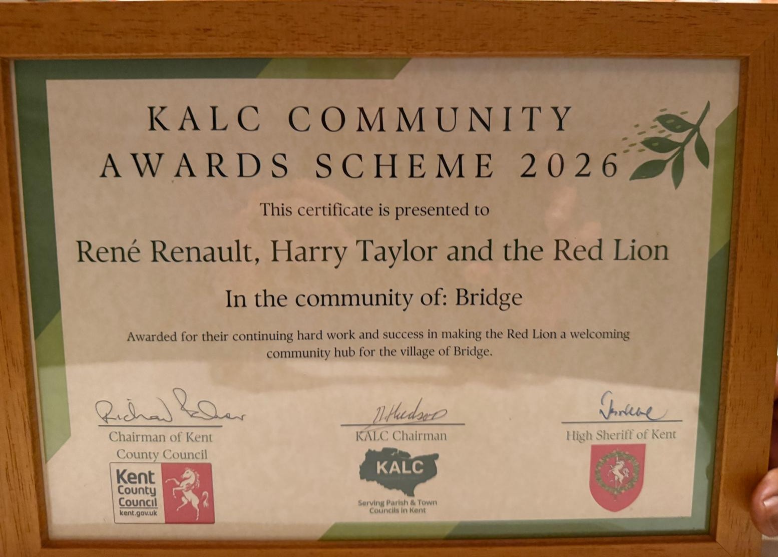 The Red Lion Inn Bridge inside KALC Community Awards Scheme